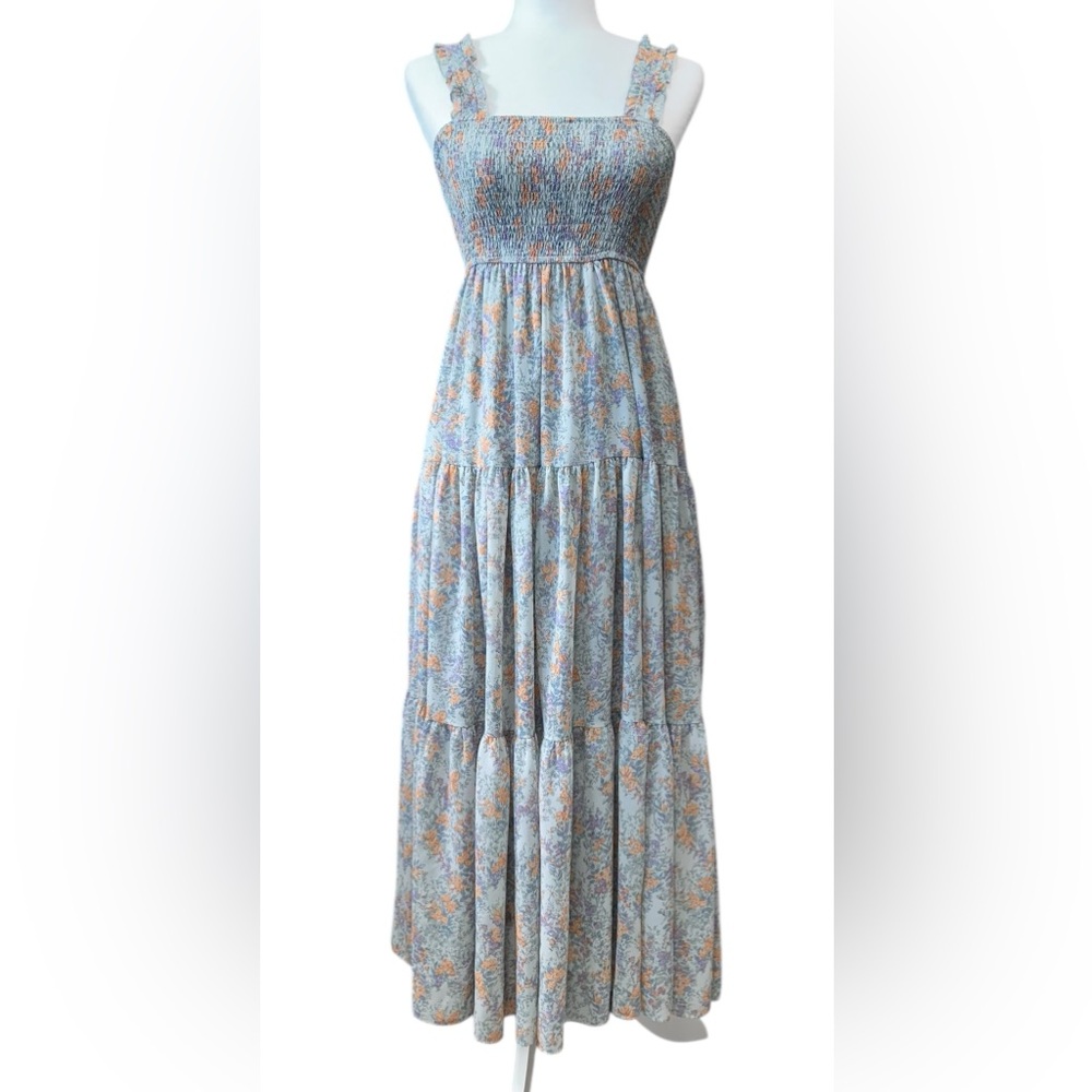 BLUSH BJ Floral Smocked Ruffle Strap Tiered Maxi Dress |Women’s S